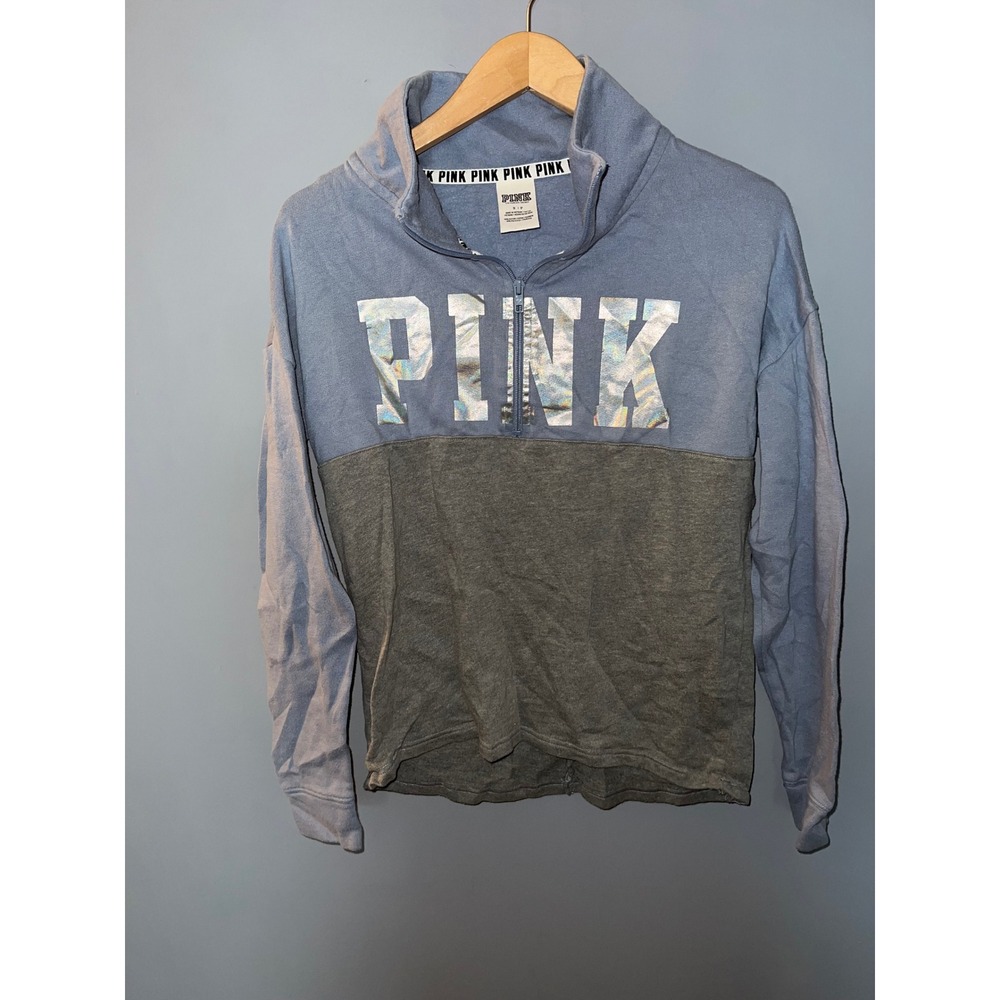 PINK Victoria's Secret Quarter Zip Pullover Blue Grey Holographic Logo Small